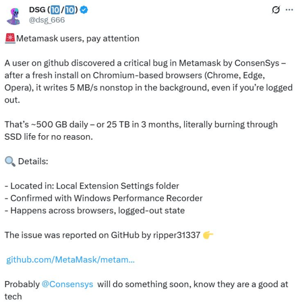 Metamask Bug сокращает продолжительность жизни SSD, пользователи предупреждают GitHub Metamask Bug сокращает продолжительность жизни SSD, пользователи предупреждают GitHub